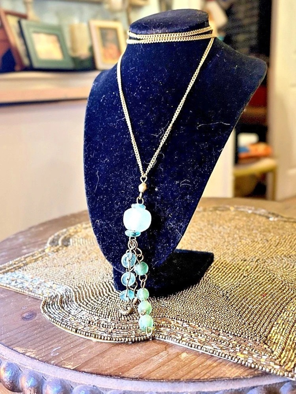 Gold-Tone Blue Beaded Pendant Necklace Like New